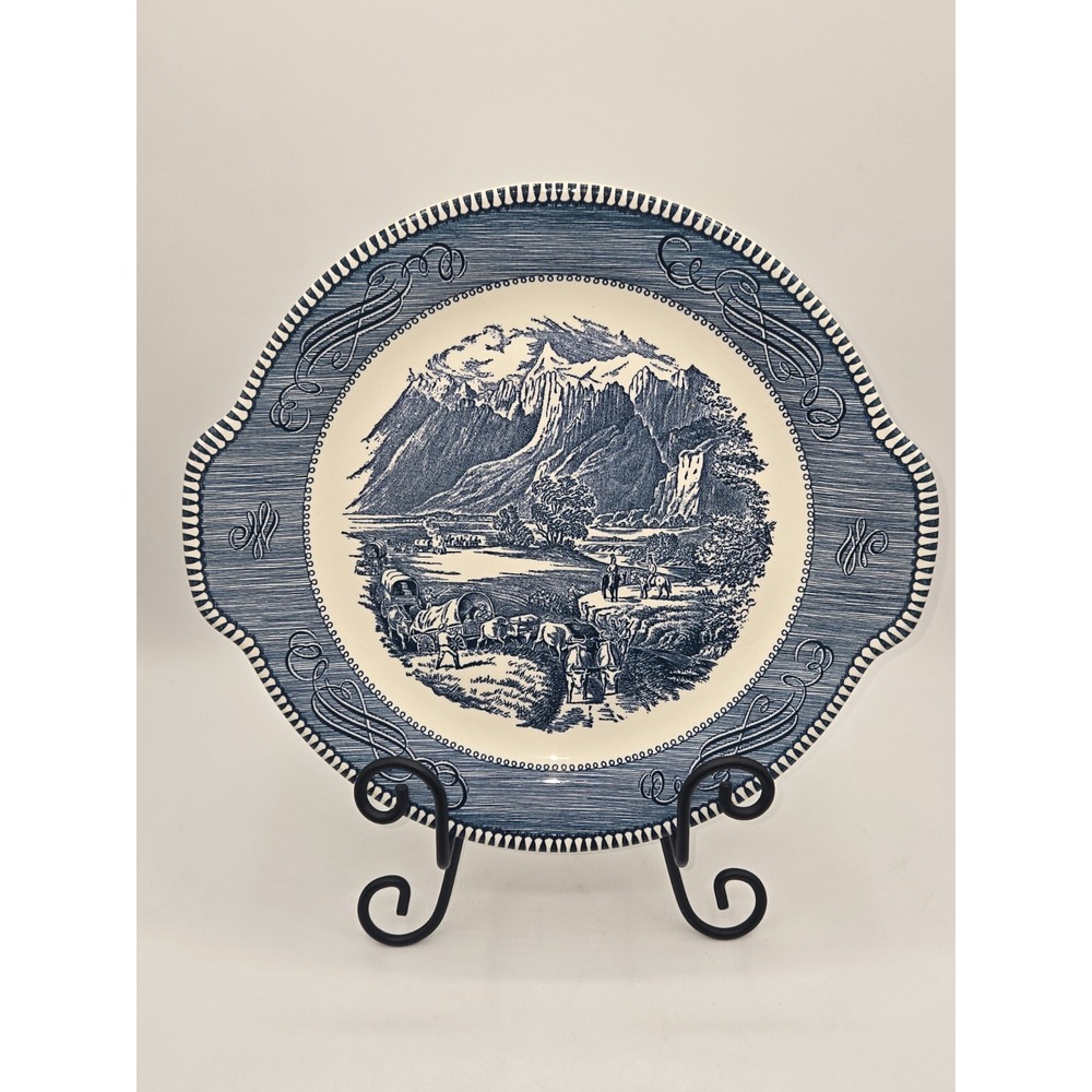 Currier & Ives The Rocky Mountains Royal Blue Transferware Platter USA